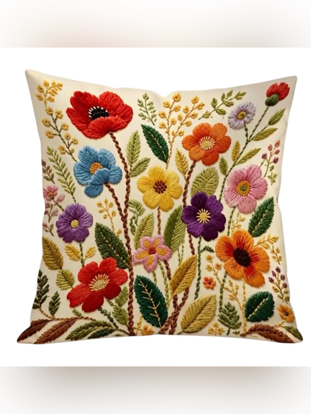 Wildflower Embroidered-Look Cushion Cover 18x18 Floral Cottagecore Decor